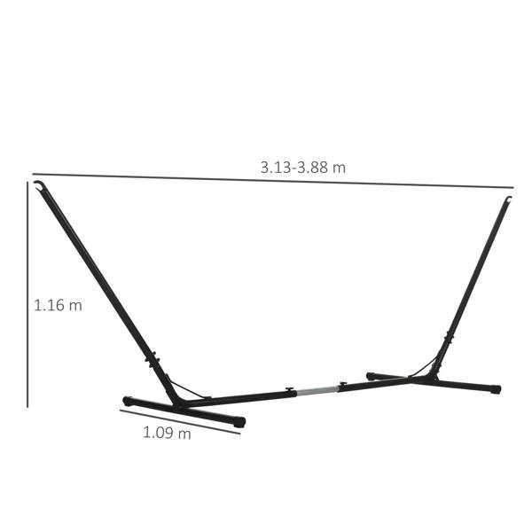 Black adjustable metal hammock stand with measured dimensions, stand frame only.