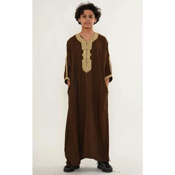 Boy's Moroccan Thobe Half Sleeve Gandoura Embroidery Kaftan - Brown Beige - Thobez - 4