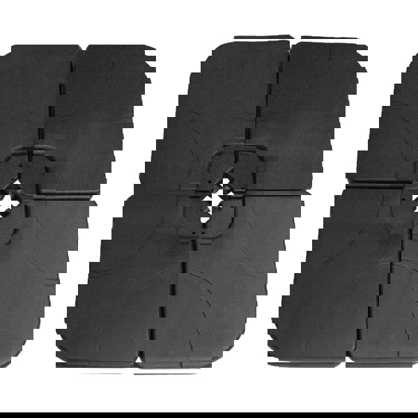 Square black base for a cantilever parasol, featuring a sturdy, textured surface and interlocking design for stability
