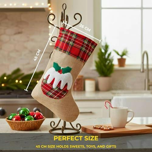 Large Christmas Stocking 45cm Brown Hessian Pudding Print Hanging Sack Sock image 4