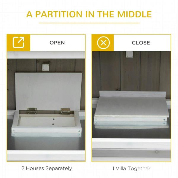 Two-tier wooden pet hutch interior divider creating two separate sleeping areas
