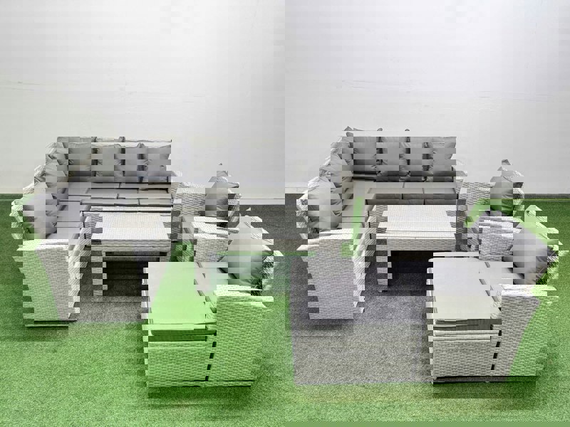 Fimous Rattan Garden Furniture Set Outdoor 9 Seater Corner Sofa Sets with Oblong Coffee Table Chair Big Footstool Light Grey Mixed