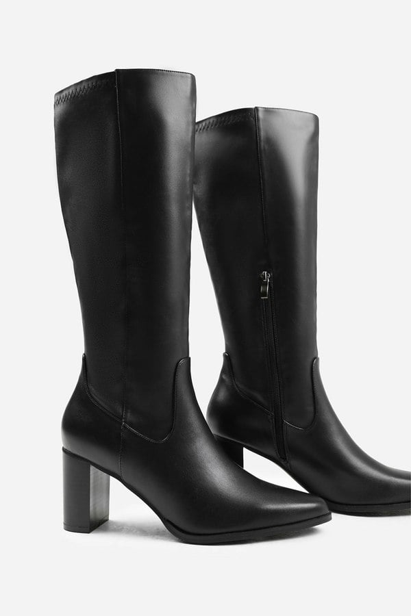 Where's That From Hawthorn Block Heel Knee High Boots With Stitch Detail in Black Faux Leather