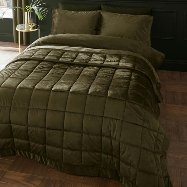 Catherine Lansfield Kingsley Matt Velvet Quilted Bedspread Olive Green