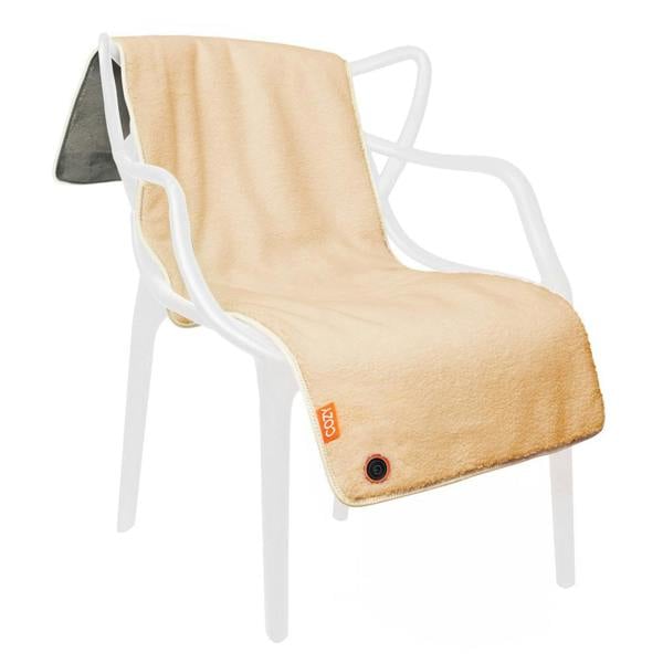 A COZY Heated Throw & Seat Cover Pad - JORV in beige, featuring a small power button and label in one corner, is draped over a modern white plastic chair; its underside is made of darker gray material.