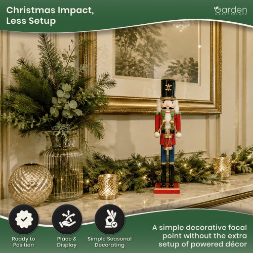 Large Christmas Nutcracker Figure, 50cm Tall Traditional Design in Red Coat and Black Hat, Indoor Festive Decoration Focal Point