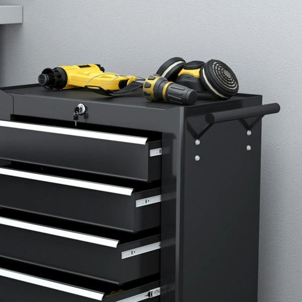 Close-up of black 5-drawer tool chest with side handle, drawer fronts, and top lock
