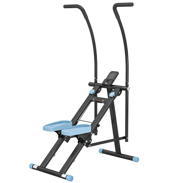 Black vertical stair stepper with curved handlebars, blue adjustable foot pedals, and frame