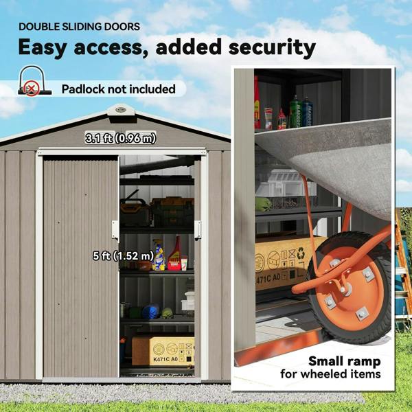 Light brown metal storage shed with double sliding doors and latch detail