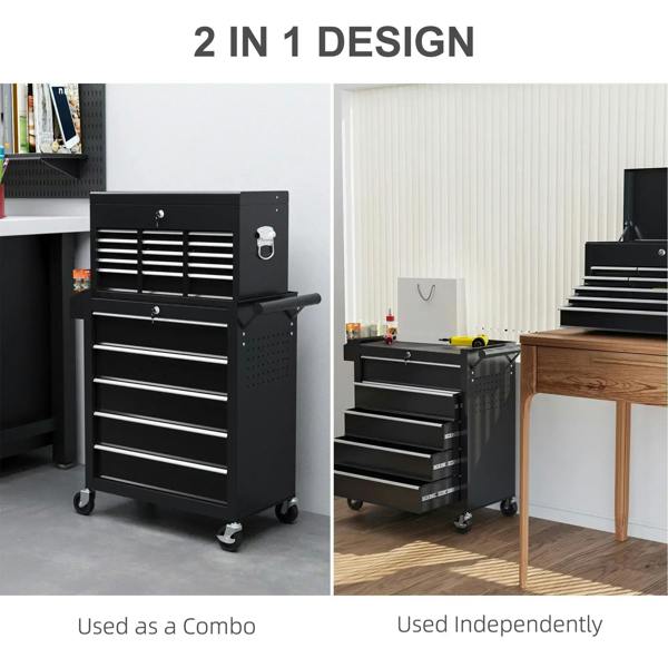 Black two-in-one tool storage chests on wheels, shown separately and combined