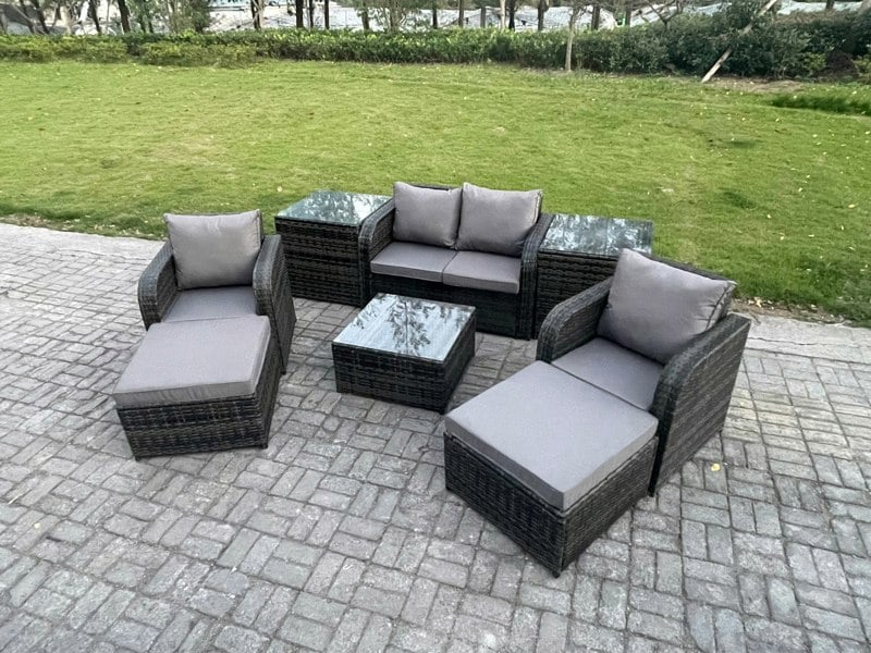 Fimous Rattan Garden Furniture Set Patio Conservatory Indoor Outdoor 6 Seater Set with Love Sofa Square Coffee Table 2 Big Footstool 2 Side Tables