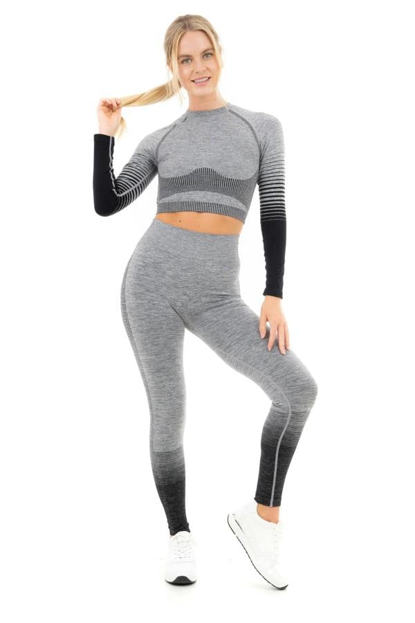 Women's Gradient Stripe Seamless Long Sleeve Crop Top - Grey Marl/Black