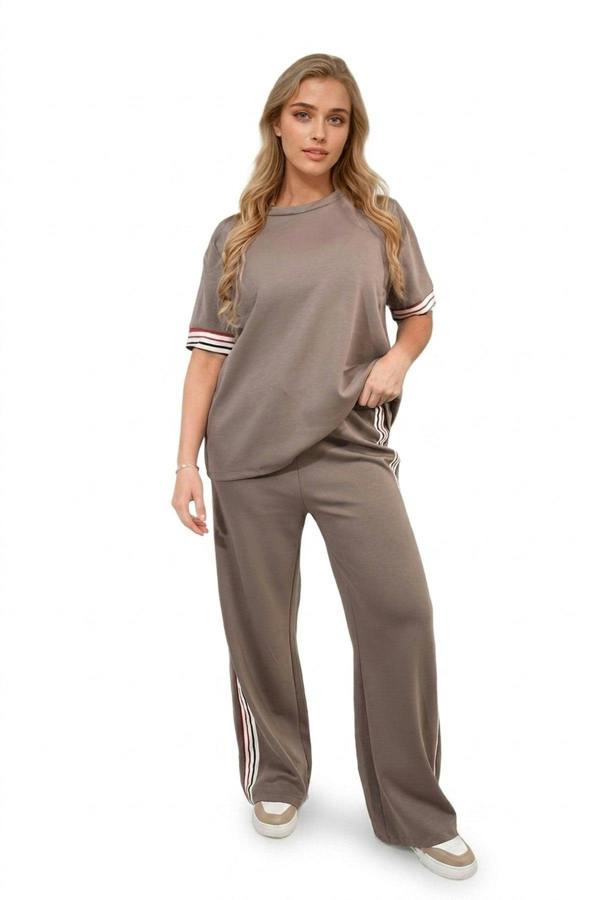 Jennifer Contrast Stripe Top And Wide Leg Trouser Co-ord Set - Mocha_wb