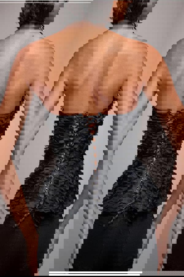 Peplum 3D Textured Boob Tube Lace Up Corset - Black T262