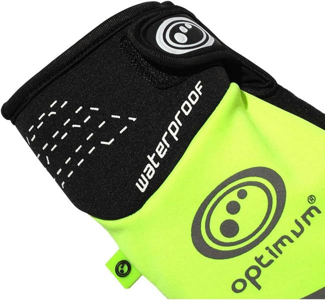 Close-up of Optimum NiteBrite glove cuff with black waterproof text and logo, fluorescent yellow back - Optimum