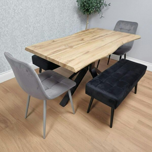 Kosy Koala Dining Table Set with 2 Grey Velvet Chairs and 2 Black Benches, Dining Room Furniture