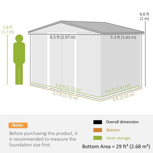 Metal garden shed size diagram with gray walls, sloped roof and footprint dimensions