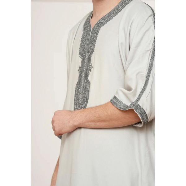 Men's Half Sleeve Embroidery Moroccan Thobe - Grey Charcoal - Thobez - 11