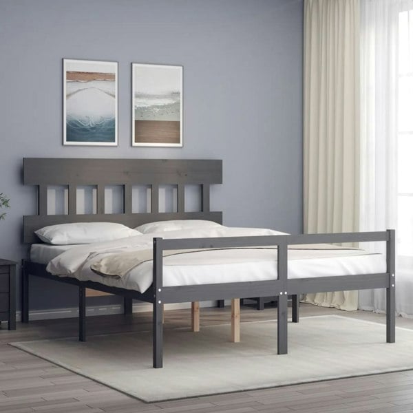 Berkfield Bed Frame with Headboard Grey King Size Solid Wood