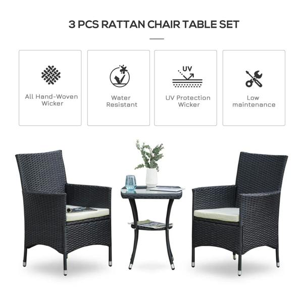 Black rattan 3-piece bistro set with two armchairs and two-tier coffee table, cream cushions