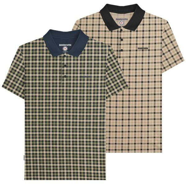 Lambretta Mens Check Classic Mod Ska Casual Smart Polo, two check patterned polo shirts with contrasting collar colors and short sleeves.