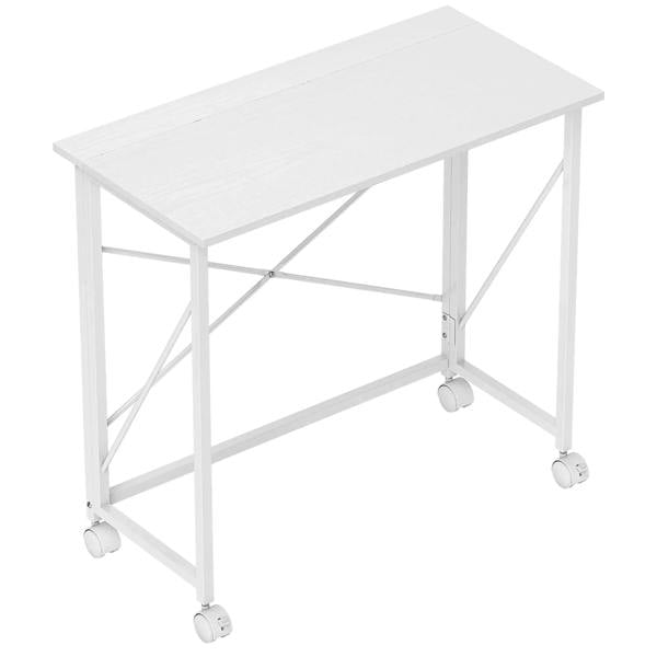 White folding desk with wheeled legs, rectangular tabletop and cross braces.