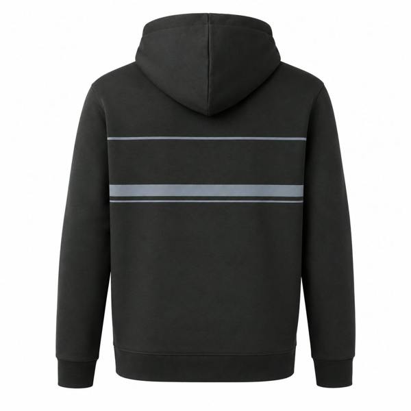 Back view of a slate grey BOSS Soody Zone hoodie featuring a hood and horizontal striped detailing across the back.