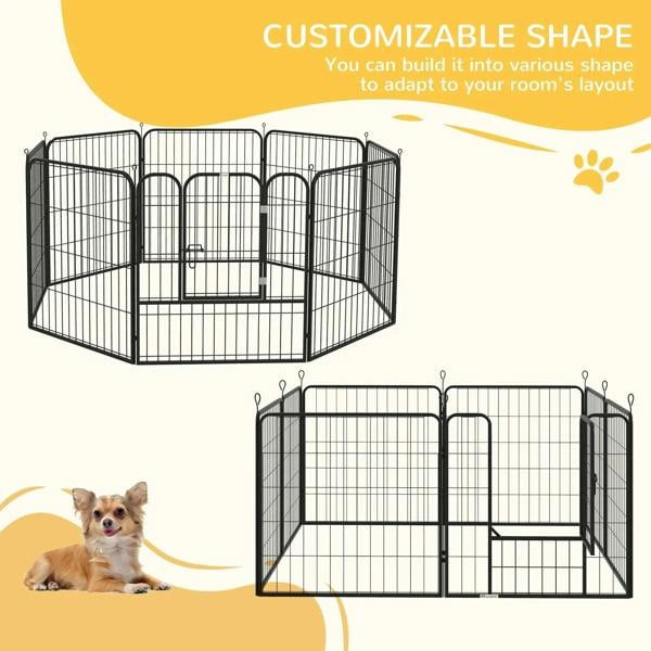Black wire 8-panel puppy playpen shown in flexible room layout configurations