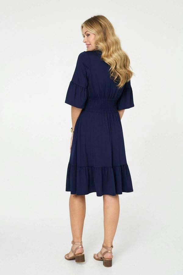 Blue | Shirred Waist 3/4 Sleeve Midi Dress
