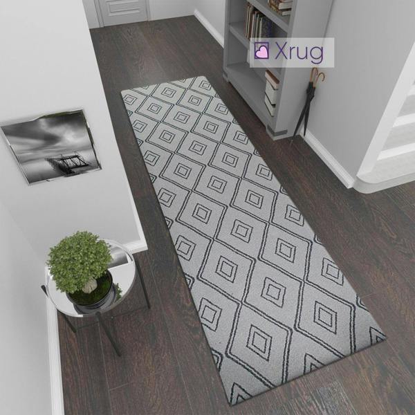 Runner Rug Geometric 100% Cotton Washable Woven Carpet Natural Diamond Patterned Mat - 75x300cm