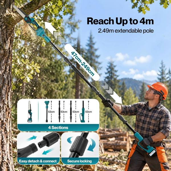 Traderight Mini Chainsaw Pole Saw Brushless 700W 2.49m Adjustable Head Blue