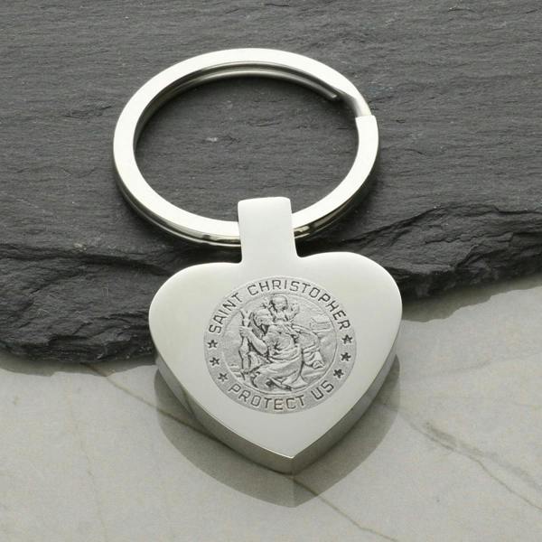 Christopher James of London Mirror Polished Heart St Christopher Keyring With Optional Engraving