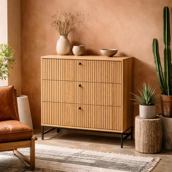 Wyld Haus Bjork Natural Oak Wood and Black Panelled Wide Chest of 3 Drawers