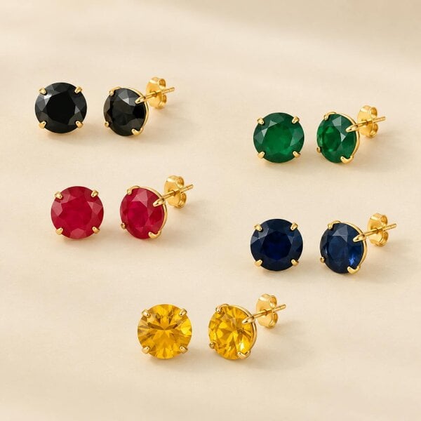 The Colourful Aura Gold Plated Round Coloured Stone Stud Earrings Blue Red Green Yellow Black