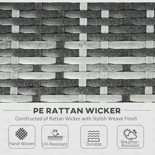 Grey rattan wicker weave close-up with feature icons and pattern texture