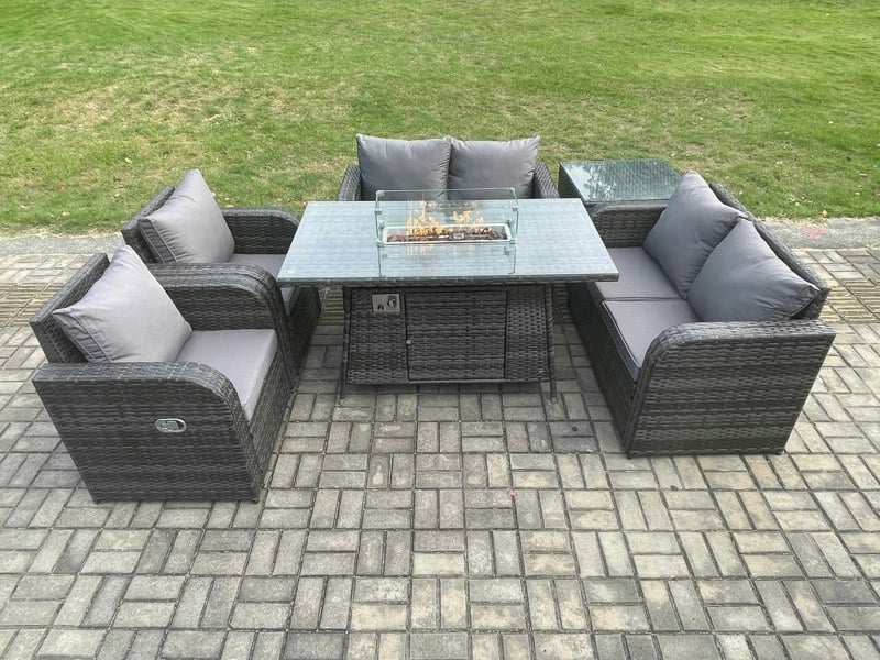 Fimous 6 Seater Rattan Garden Furniture Set Propane Gas Fire Pit Table and Sofa Chair set with Side Table
