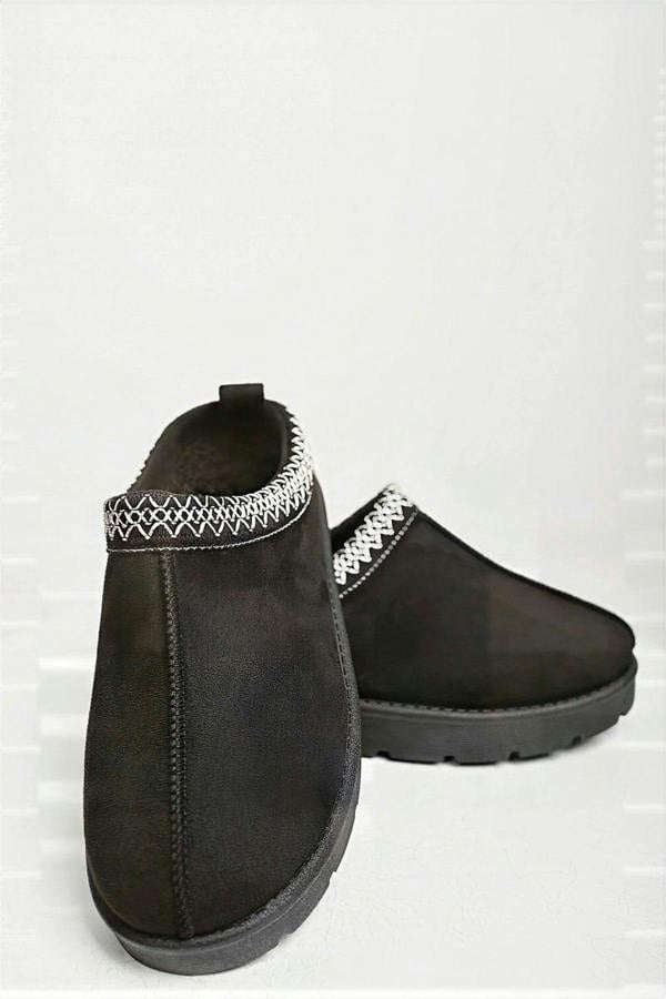 Ravina Chunky Slip On Suede Slippers With Stitch Detail - Black