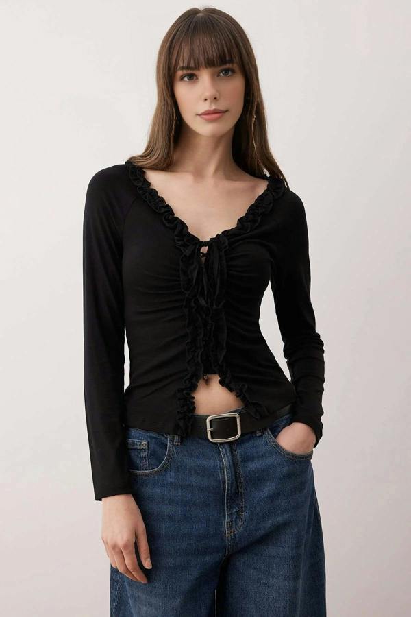 WOVCOR Gathered Long-Sleeved Stretch Knit Blouse
