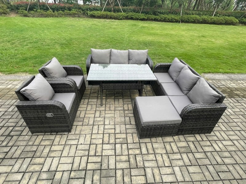 Fimous 6 Piece Rattan Garden Furniture Set with Patio Sofa Rectangular Dining Table Big Footstool Indoor Conservatory Patio Set