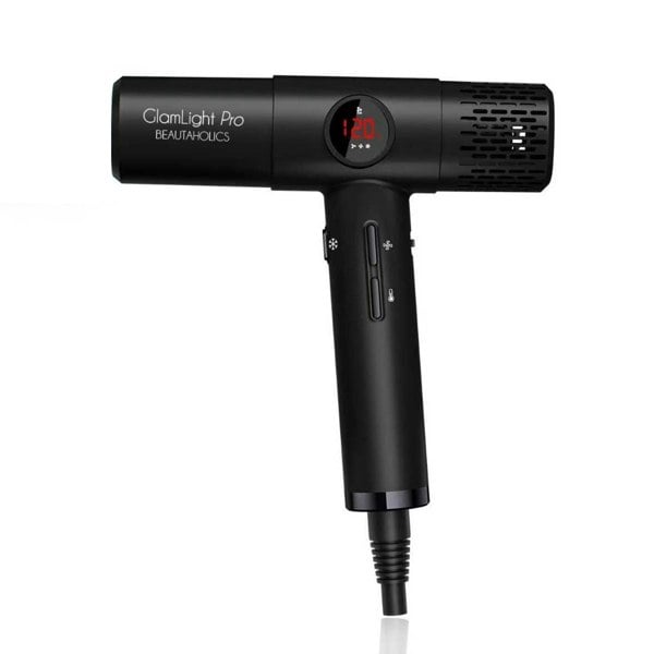 Beautaholics GlamLight Pro Ultra Lightweight hair dryer showing digital display