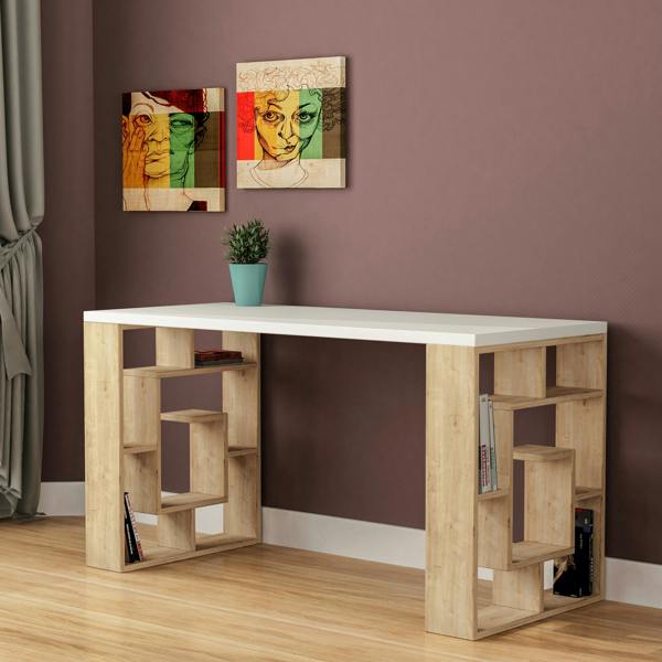 Decortie Labirent Modern Desk with Bookshelf Legs White Anthracite Grey 137cm