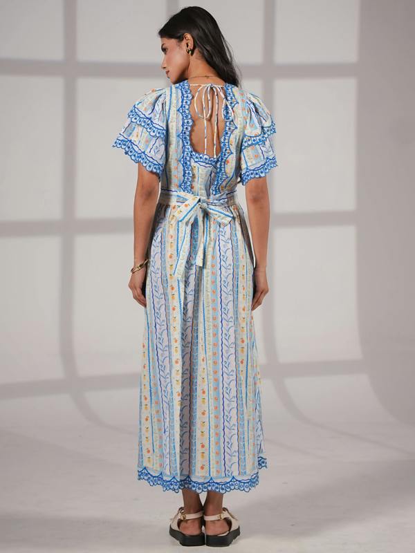 Rose & Nancy Bella Blue and White Ditsy Print Embroidered Midi Dress