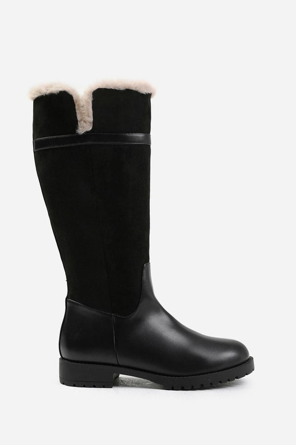 Where's That From Kendra Wide Calf Knee High Boots With Fur Trim and Lining in Wide E Fit in Black Suede and Faux Leather