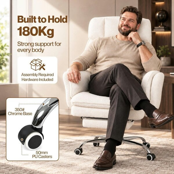 Levede Ergonomic Office Chair Teddy Fabric with Reclining Footrest Gaming White