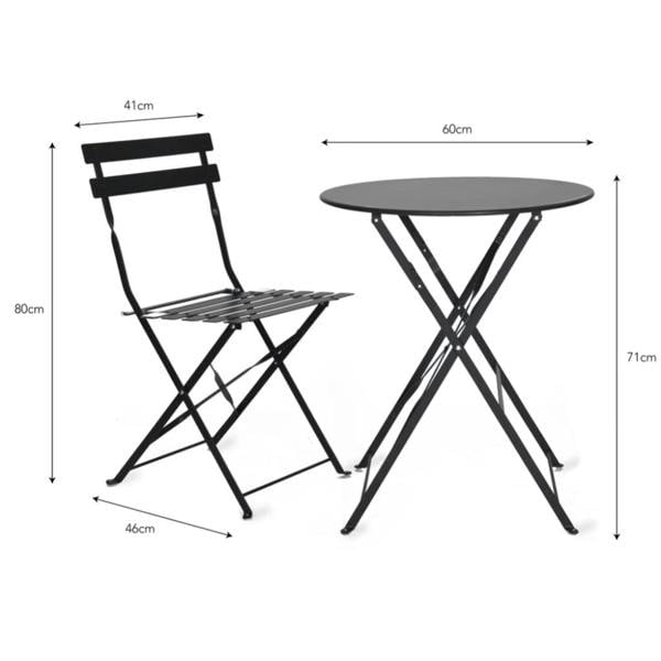 Technical dimensions diagram of the carbon grey metal folding bistro table and chair set against a white background.