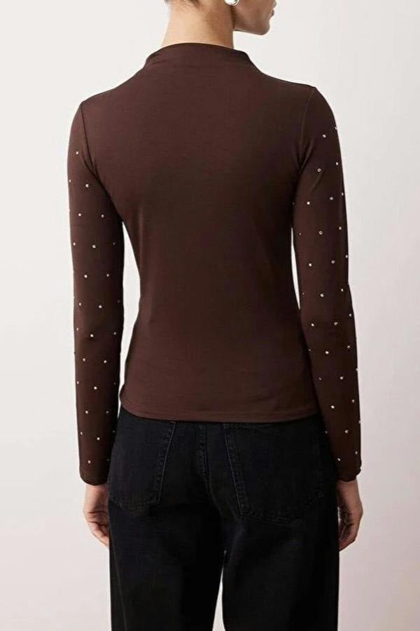 WOVCOR High-Neck Stretch Knit Blouse with Troc Accessory Detail