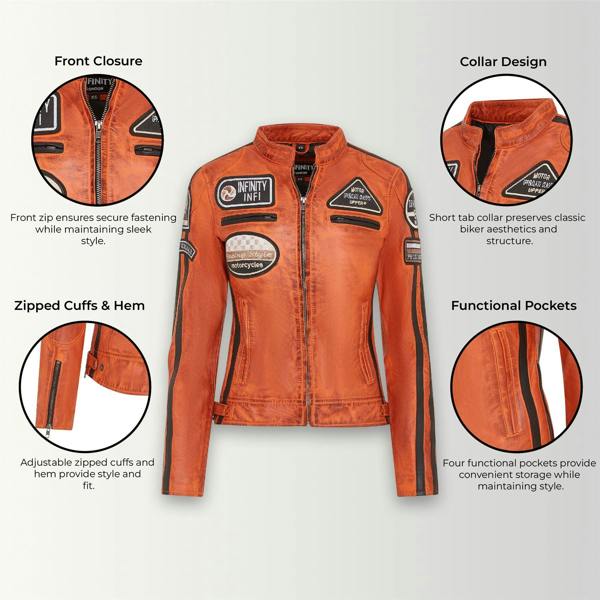 Infinity Leather Womens Leather Biker Racing Badges Jacket-Agadir