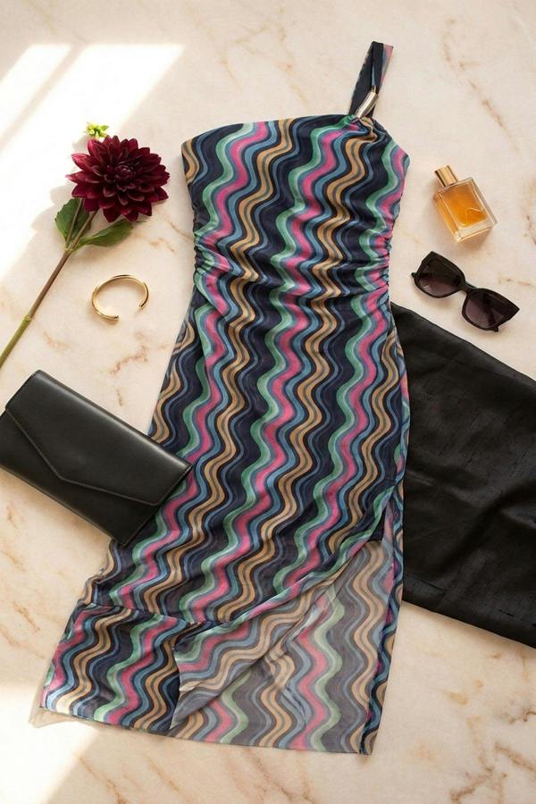 Jalia Wavy Print Ruched Mesh Strap Maxi Dress - Multi
