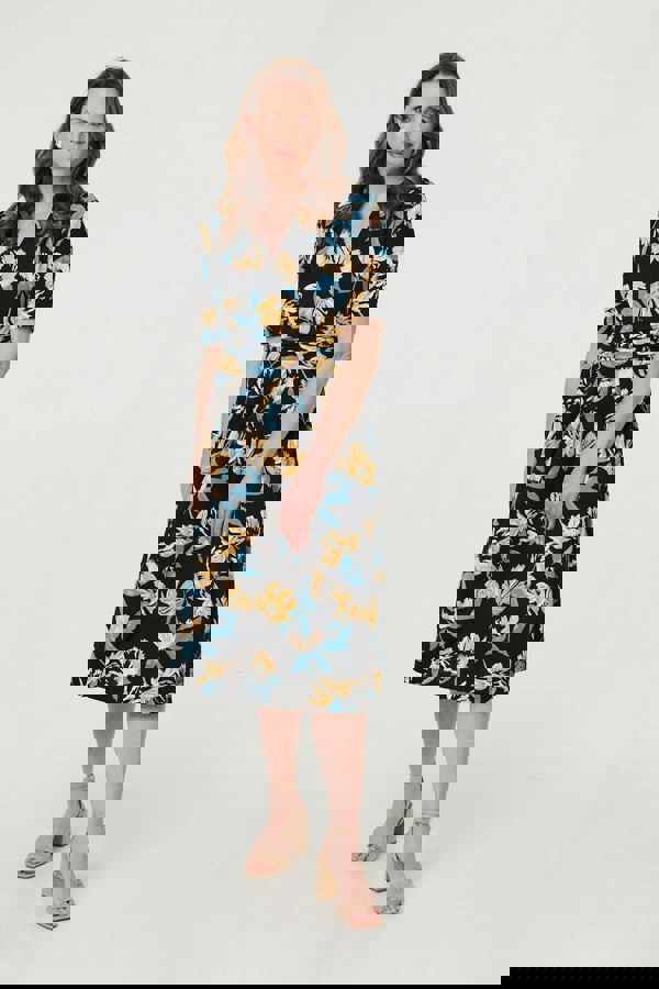 Black | Floral Short Sleeve Faux Wrap Midi Dress