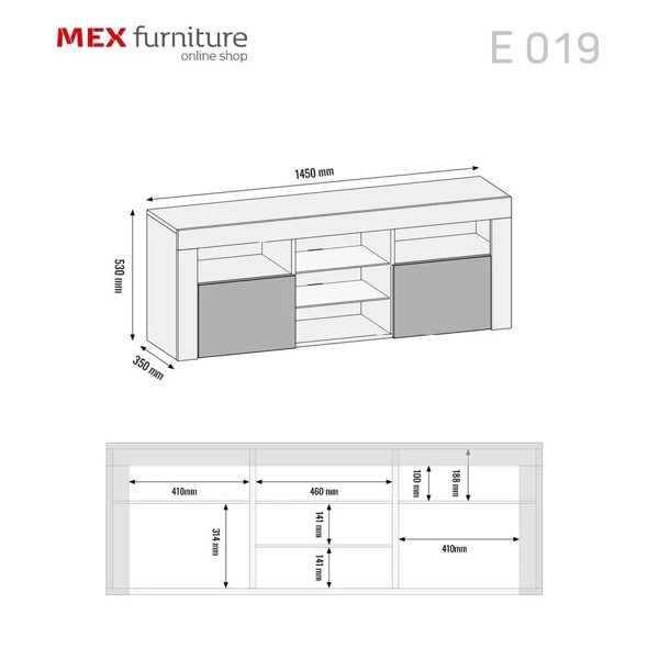 Mex Furniture Stylish Modern 145cm TV Unit with Grey Gloss Doors, Sideboard and Free LED